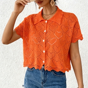 New Arrival Custom Hollow Out Crochet Knit <b>Cardigan</b> Short Sleeve Button Down Scalloped Hem Short Beach Coverup For Women - Product Image 1