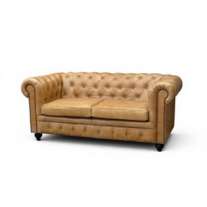 Luxury Beige Chesterfield Leather <b>Sofa</b> Two Seater <b>Wood</b> <b>Frame</b> Deep Button Tufted Back Rolled Arms Vintage Living Transitional - Product Image 3