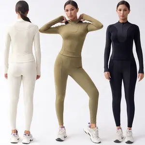 Women's Winter Gym Sets 2 Pieces Half Zip Long Sleeve Yoga Leggings Active Wear Hoodie Sports Tracksuit Athletic Yoga Set