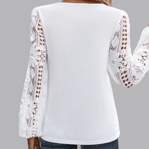 Camisa Holgada de Manga Larga con Paneles de Encaje y Escote Asimétrico para Mujer, Top de Moda - Product Image 4