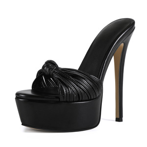 Mules <span class=keywords><strong>da</strong></span> <span class=keywords><strong>Donna</strong></span> in Ecopelle Nera con Nodo e Plateau, Tacco a Spillo Ultra Alto 16cm, <span class=keywords><strong>Scarpe</strong></span> Estive di Tendenza per Feste ed Eventi Serale - Product Image 1