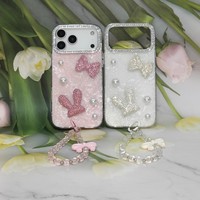 Coque de téléphone antichoc avec nœud 3D en strass et dragonne en perles pour iPhone X 11 12 13 15 16 17 Samsung S26