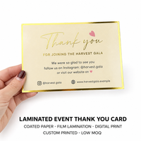 Carte de remerciement personnalisée pour événement, laminée, en papier couché, impression numérique, faible MOQ, cartes de suivi de cadeaux