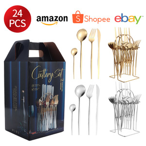 Cutlery <b>Set</b> 24Pcs Stainless Steel Gold Silver Western Dinnerware Gift Box With Rack For Wedding - Product Image 4