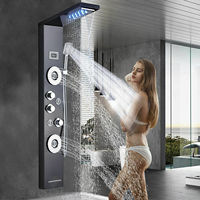 Panneau de douche mural en acier inoxydable noir, thermostatique, à commande unique, avec valve en céramique et jet de pluie