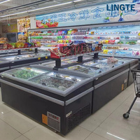 Armoire combinée îlot grande capacité 2,1m 2,5m, réfrigérateur horizontal de supermarché pour viande surgelée avec couvercles coulissants en verre