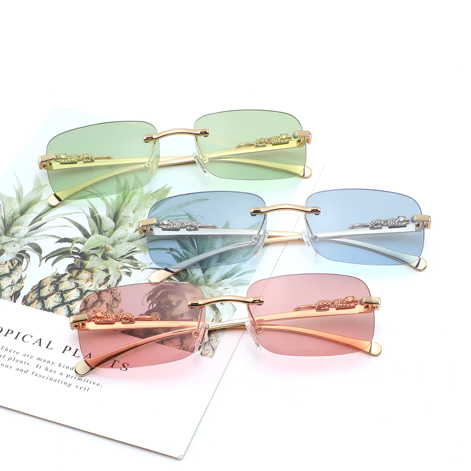 New unisex leopard head women sun glasses metal online rimless rectangle sunglasses men