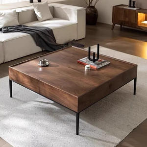 <b>Walnut</b> Wood Coffee <b>Table</b> With Storage Modern Minimalist Living Room Furniture Square Design For Home Use - Product Image 1
