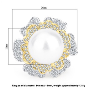 Anillo de Moda Ecológico de Cobre con Perla Blanca de 14MM, Bañado en Oro, Diseño de Flor en Dos Tonos, para Perlas Grandes, para Mujer - Product Image 2