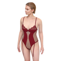 Ensemble de lingerie sexy transparente style mature 2024, body brodé à la machine en Spandex/Nylon fin, bas et porte-jarretelles personnalisables
