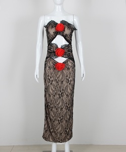 Vestido largo casual de encaje floral sin tirantes con aberturas para fiesta de noche para mujer - Product Image 1