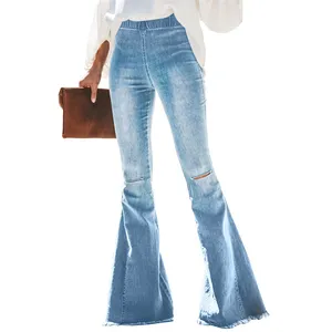 Quần Jeans Ống Loe Rộng Cho Nữ, Quần Bò Rách Ống Loe, Dáng Ôm, Sờn, Viền Quần, Đáy Chuông, Cạp Cao, Ống Loe, 30% O