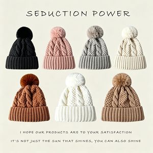 Chapeau d'hiver en tricot jacquard brodé avec <span class=keywords><strong>pompon</strong></span>, couronne arrondie - Chapeau polyvalent chaud de couleur unie pour <span class=keywords><strong>femme</strong></span> adulte, doublé en polaire - Product Image 2