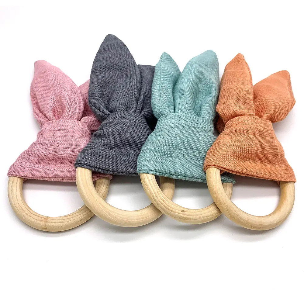 Accept Custom Solid Muslin Bunny Ear Organic Wood Ring Infant Toy Baby Teether Rattles Wooden Gift Set