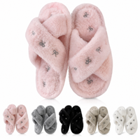 Chaussons d'intérieur doux et confortables pour femmes, à bout ouvert, avec nœud en fausse fourrure, à brides croisées, semelle antidérapante en EVA, pour l'automne