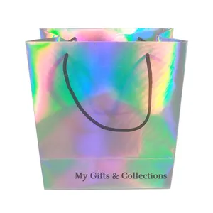 China Manufacturer Custom Luxury Logo Printed Holographic Laser Paper Packaging Bag For Shopping Clothes And Gift