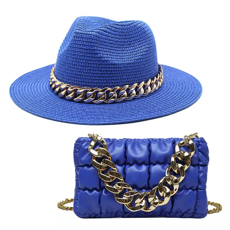 2022 Summer New Trendy Gold Chain Decoration purse Straw Fedora hat and bag set Quilted PU Leather women shoulder lady handbags