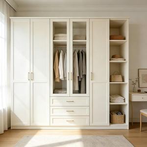 Armario Moderno de Lujo en Color Blanco Crema con 6 <span class=keywords><strong>Puertas</strong></span> de Vidrio, Estantes Abiertos Integrados y Cajones, Armario para Dormitorio - Product Image 1