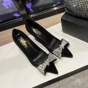 Zapatos de Moda Negros de Ante Sintético para Mujer 2024, Zapatos de Tacón Alto con Punta en Pico y Lazo para Mujer 2025, Zapatos de Vestir Formales para Fiesta - Product Image 4