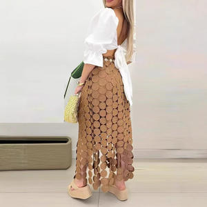 Jupes <span class=keywords><strong>tube</strong></span> droites <span class=keywords><strong>mi</strong></span>-longues taille haute françaises à franges à pois évidées pour femmes - Product Image 3