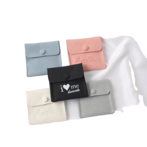 กระเป๋าใส่เครื่องประดับแบบกระดุมแป๊ก พร้อมโลโก้  กระเป๋าของขวัญกำมะหยี่ไมโครไฟเบอร์  แบบนูนลาย สำหรับใส่สร้อยคอ ต่างหู พร้อมแผ่น/การ์ดเสริม - Product Image 1