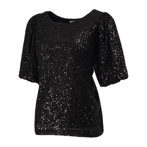 Chemise à manches courtes à col rond en sequins noirs glamour pour femmes - Haut de fête élégant T-<span class=keywords><strong>shirt</strong></span> pour femmes - Product Image 1