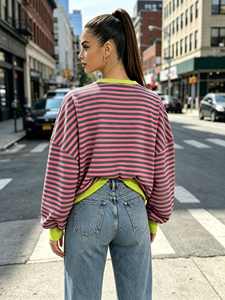 Haut à manches longues rayé rose et vert pour femme, col rond, poignets contrastants vert fluo, coupe ample style streetwear - Product Image 2