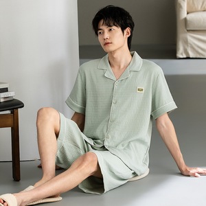 Cardigan estivo da <span class=keywords><strong>uomo</strong></span> con risvolto a maniche corte <span class=keywords><strong>pigiama</strong></span> semplici vestiti per la casa nuvole di <span class=keywords><strong>cotone</strong></span> cipria abito Casual <span class=keywords><strong>pantaloncini</strong></span> di seta sottili - Product Image 5