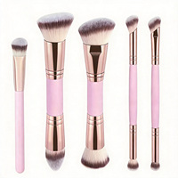 Lot de 5 pinceaux de maquillage à double embout en poils synthétiques avec manche en bois, pinceau plat pour anticernes, fond de teint, fard à joues, poudre et fard à paupières