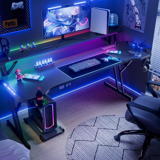 1.2/1.4/1.6M Ergonomic Computer PC Laptop LED Gamer Table Gaming Desk with LED RGB Atmosphere Lighting and Monitor Shelves