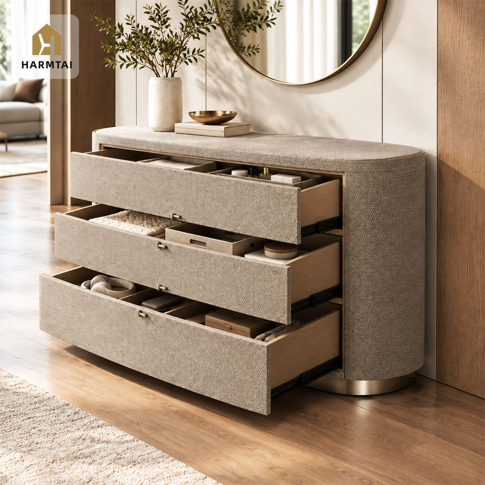 HarmTai Modern Curved Fabric Solid Wood Three Drawer Chest Storage ...