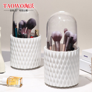 TaoWo Rotating Makeup Brush Holder With Lid White Cosmetic Storage Container Desktop Organizer For Lipstick And Makeup <b>Tools</b> - Product Image 2