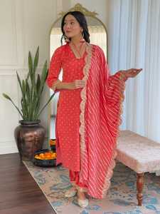 Salwar Kameez Rojo con Puntos para Mujer, con Dupatta a Rayas, Ropa Étnica Tradicional para Bodas, Material de Poliéster - Product Image 1
