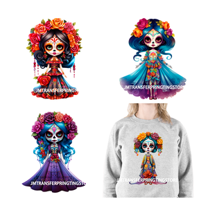 Linda muñeca La Catrina Día de los muertos Calavera de azúcar Mexicano Halloween Hierro en pegatinas de transferencia DTF Listo para presionar para bolsas con capucha - Product Image 1