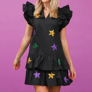 Luxury Cotton V Neck Embroidery Sparkle Sequin Stars Women's Dress Fashion Ruffled Sleeve Sequin Stars Women's Dresses