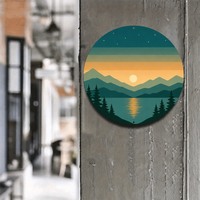 Décoration murale en métal, art de la montagne, du lac et du coucher de soleil, peinture ronde en aluminium, 20 cm (8 pouces), impression UV, plaque métallique pour chambre à coucher et salon