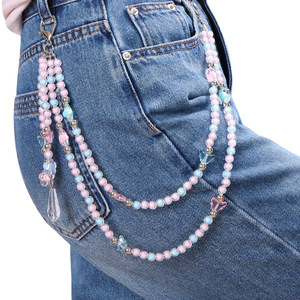 yueli Beaded Butterfly <b>Waist</b> <b>Chain</b> Pink Imitation Pearl Double Ring For Jeans Daily Wear - Product Image 2