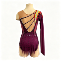 Robe de patinage artistique rouge vin à imprimé flamme et strass, manches longues, jupe à franges pour enfants et adultes, performance de patinage sur glace