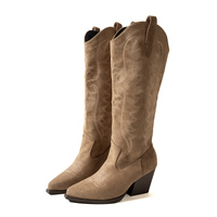 Bottes Western Femme en Daim Premium à Enfiler, Brodées, Antidérapantes, à Talon Épais, Hauteur Genou, Vente en Gros Usine, Personnalisables