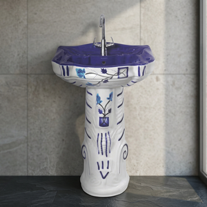 Lavabo de Cerámica Azul Vitrossa Majestic con Pedestal Completo y Acabado Brillante para Barberías - Product Image 6