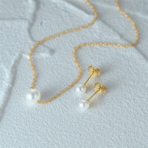 S925 Sterling Silver Pearl <b>Stud</b> <b>Earrings</b>/Necklace Set Clavicle <b>Chain</b> Jewelry Set - Product Image 4