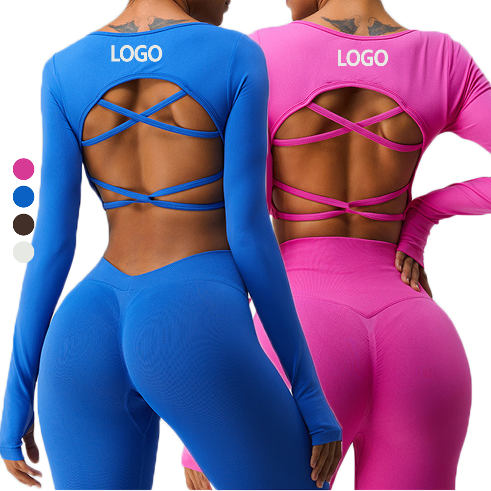 New High Quality Europe Winter Activewear 90% Nylon Fast Drying Cross Back Yoga Fitness Long Sleeve Sports Top