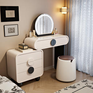 Table de toilette moderne en bois massif, style crème, éclairée, extensible, table de maquillage de chevet, commode à tiroirs pour l'intégration dans un coin - Product Image 1
