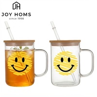 Tasse en verre avec poignée et couvercles en bambou, vente en gros, logo personnalisé par sublimation, 15 oz, tasse en verre personnalisée mignonne en vrac, transparente ou givrée