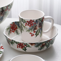 Service de vaisselle en céramique avec motifs floraux de Noël, assiettes, bols et tasses pour la maison, les fêtes et l'usage quotidien à la table