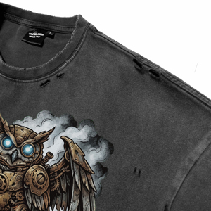 Camisetas de Hombre de Manga Corta con Lavado Ácido de Alta Calidad, Estilo Vintage Steampunk con Estampado de Búho DTG, Cuello Redondo, Oversize, Estilo Urbano - Product Image 3