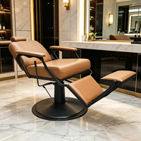 Fauteuil de barbier vintage hydraulique inclinable avec repose-pieds en cuir marron, mobilier de salon classique pour hommes, salon de coiffure