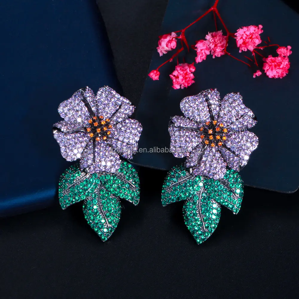 18k Thick Gold Plating Purple Green Cubic Zirconia Leaf Flower Long Big Luxury Drop Earring For Women Wedding Bridal Jewelry