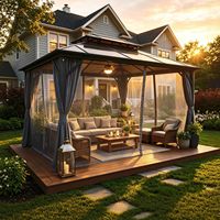 10' x 13' Hardtop Gazebo, Buiten Polycarbonaat Gazebo in de uitverkoop, Dubbel Dak, met Ademend Net & Privacy Gordijn