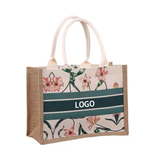 OEM/ODM prezzo di fabbrica popolare grande moda signora ultimo logo personalizzato stampato estate tela di iuta tote borsa da spiaggia con manico in pelle